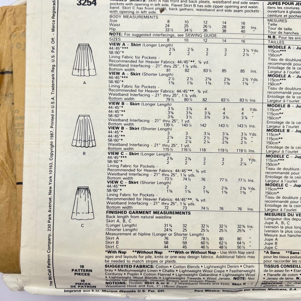 McCalls 80s Skirt Pattern 3254 Vintage Sz 8 (24" waist)‎ Pleated Flare A-Line - Picture 5 of 11